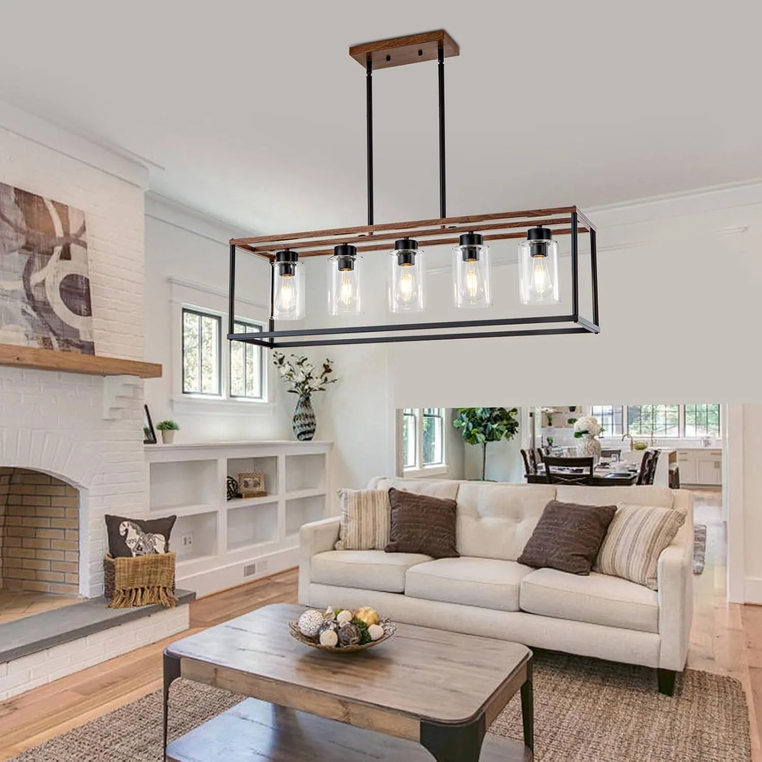 5 Light Black Dining room Light Fixture over Table Faux Wood Farmhouse Chandelier Rectangle Pendent Lighting for Kitchen living room Modern Industrial style Linear Hanging Light Adjustable Height
