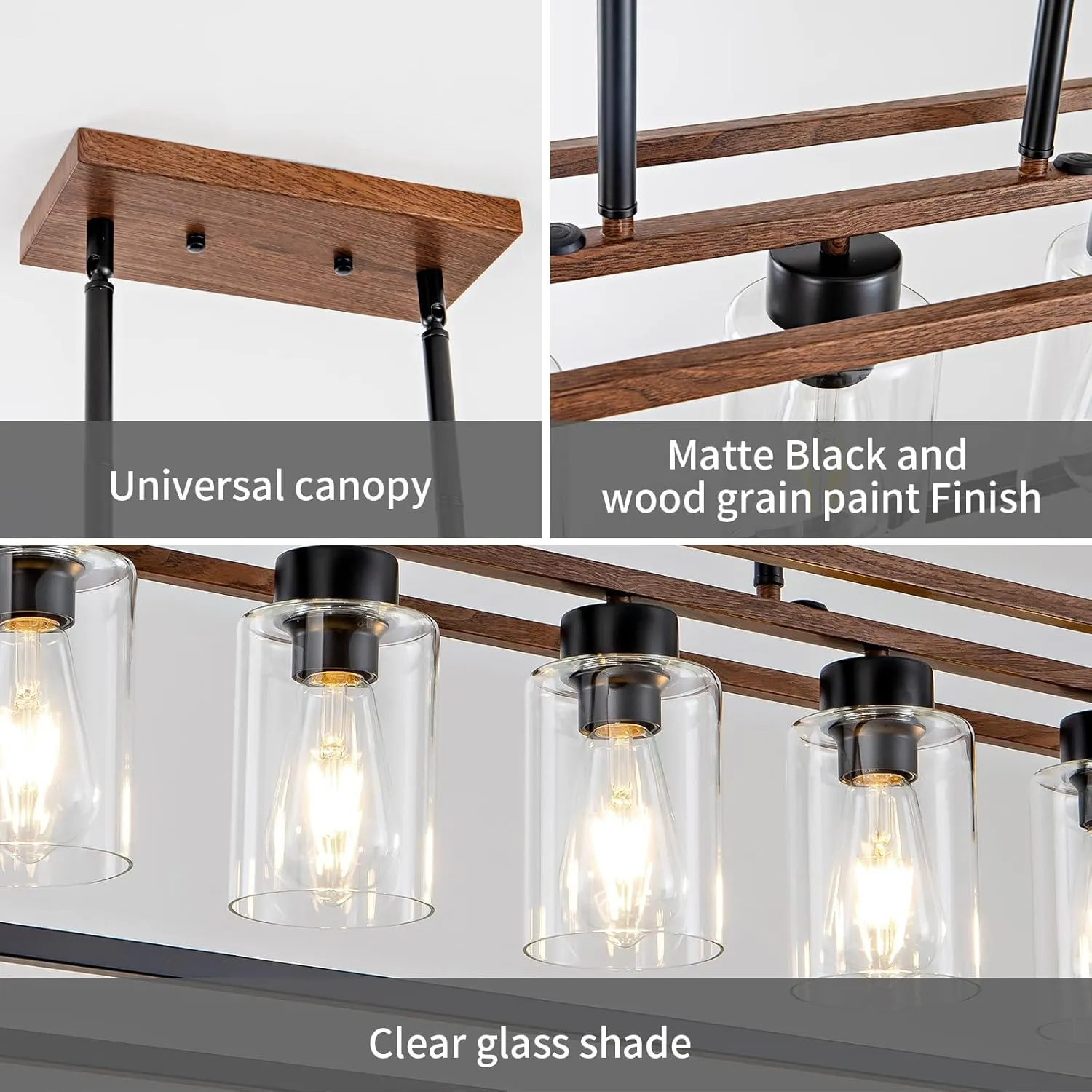 5 Light Black Dining room Light Fixture over Table Faux Wood Farmhouse Chandelier Rectangle Pendent Lighting for Kitchen living room Modern Industrial style Linear Hanging Light Adjustable Height