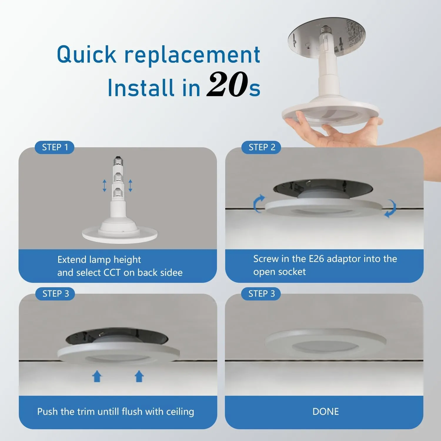 5/6 Inch 5CCT Retrofit LED Recessed Lighting 4 Pack, Adjustable 5CCT 2700K-5000K, LED Replacement Can Lights,Dimmable,12=60W, E26 Base, Flat Trim,Easy Retrofit Downlight Installation.