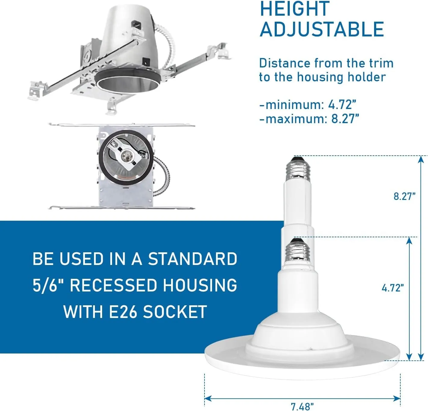 5/6 Inch 5CCT Retrofit LED Recessed Lighting 4 Pack, Adjustable 5CCT 2700K-5000K, LED Replacement Can Lights,Dimmable,12=60W, E26 Base, Flat Trim,Easy Retrofit Downlight Installation.