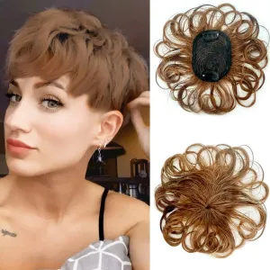 6 Inch Light Brown Color Short Curly Human Hair Topper Wiglet Hairpiece for Thinning Hair,Women Toupee 7x9cm Small Top Short Replacement Hair Pieces