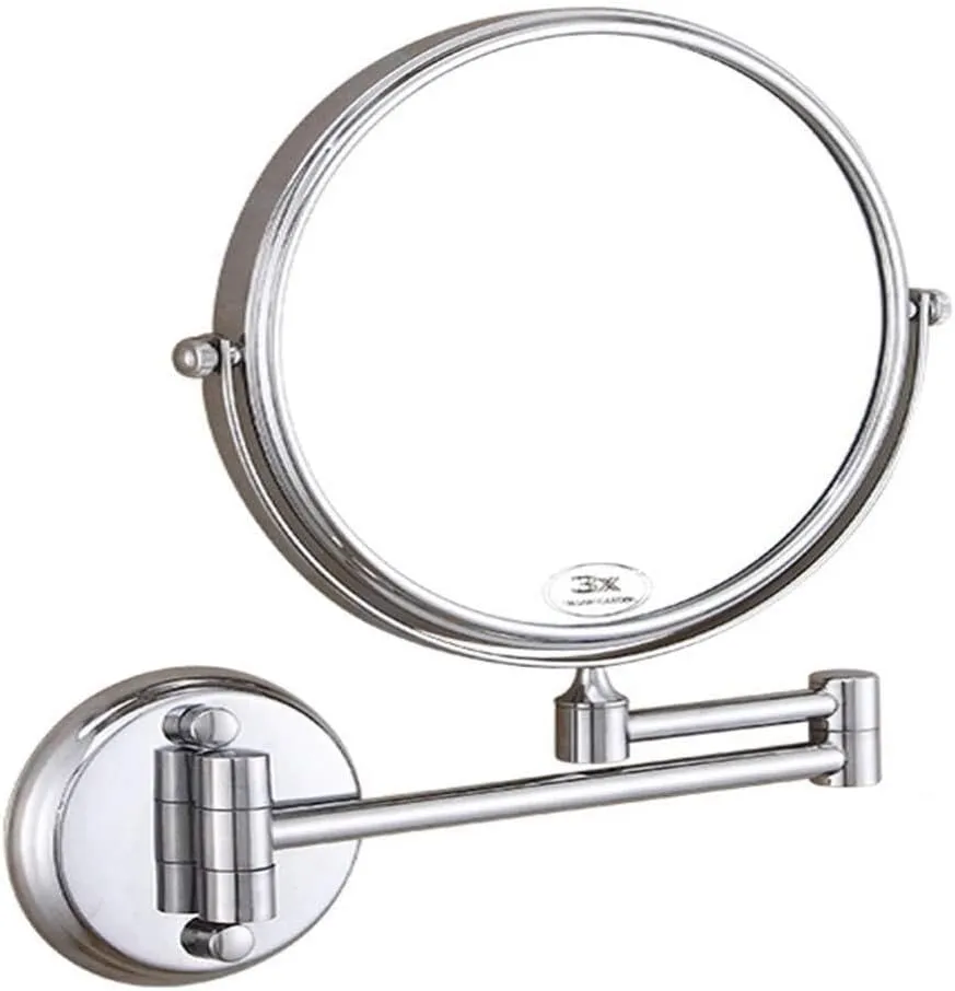 6 Inch Two-Sided Wall-Mounted Makeup Mirror, 3X Magnification, 360° Swivel Extendable Bathroom Vanity Mirror, Silver