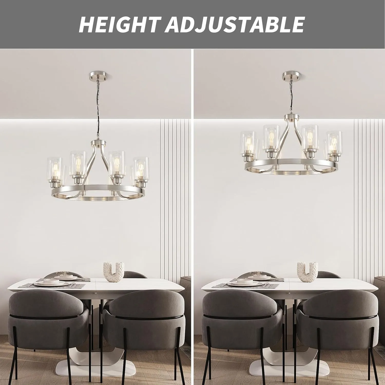 8-Light Modern Chandeliers for Dining Room Light Fixture Brushed Nickel Kitchen Chandelier Ceiling Hanging Pendant Lighting with Glass Shade for Living Room Entryway Adjustable Height E26