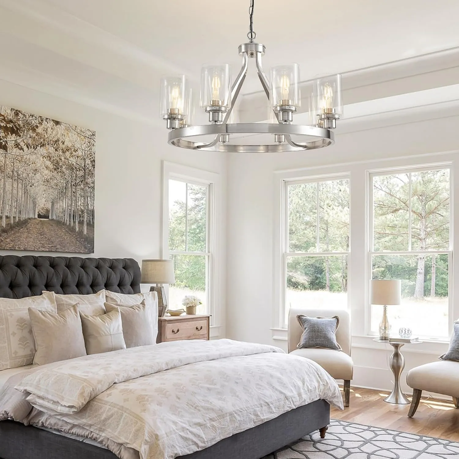 8-Light Modern Chandeliers for Dining Room Light Fixture Brushed Nickel Kitchen Chandelier Ceiling Hanging Pendant Lighting with Glass Shade for Living Room Entryway Adjustable Height E26