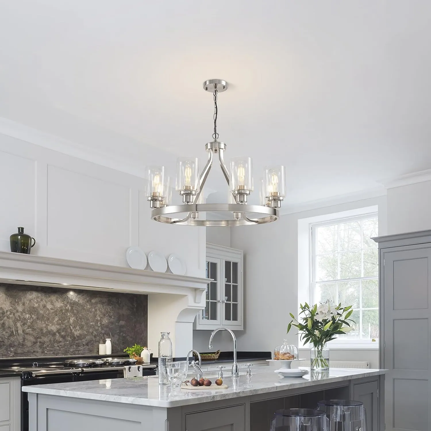 8-Light Modern Chandeliers for Dining Room Light Fixture Brushed Nickel Kitchen Chandelier Ceiling Hanging Pendant Lighting with Glass Shade for Living Room Entryway Adjustable Height E26