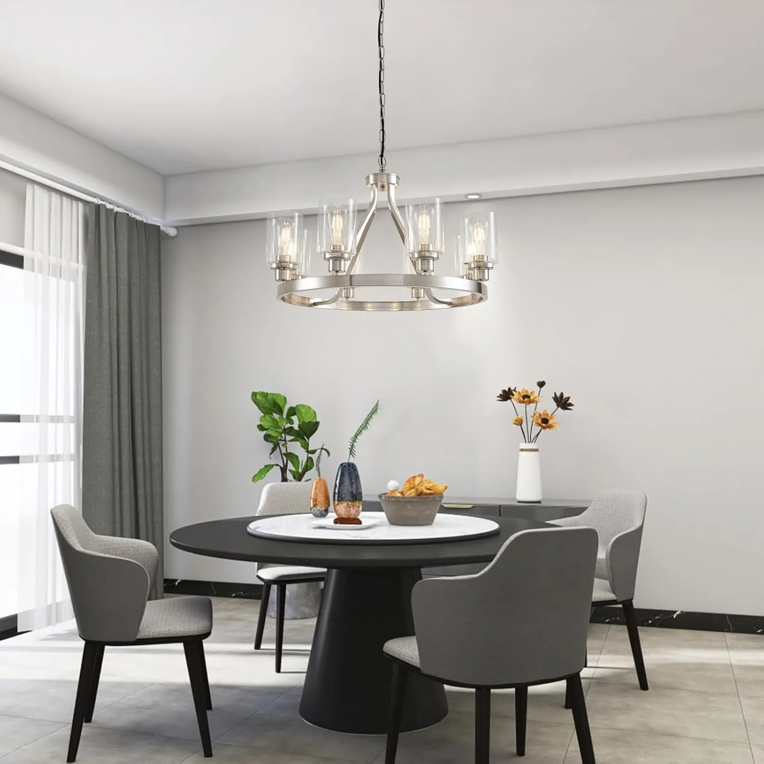8-Light Modern Chandeliers for Dining Room Light Fixture Brushed Nickel Kitchen Chandelier Ceiling Hanging Pendant Lighting with Glass Shade for Living Room Entryway Adjustable Height E26