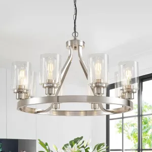 8-Light Modern Chandeliers for Dining Room Light Fixture Brushed Nickel Kitchen Chandelier Ceiling Hanging Pendant Lighting with Glass Shade for Living Room Entryway Adjustable Height E26