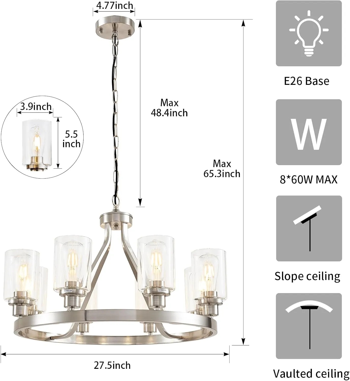 8-Light Modern Chandeliers for Dining Room Light Fixture Brushed Nickel Kitchen Chandelier Ceiling Hanging Pendant Lighting with Glass Shade for Living Room Entryway Adjustable Height E26