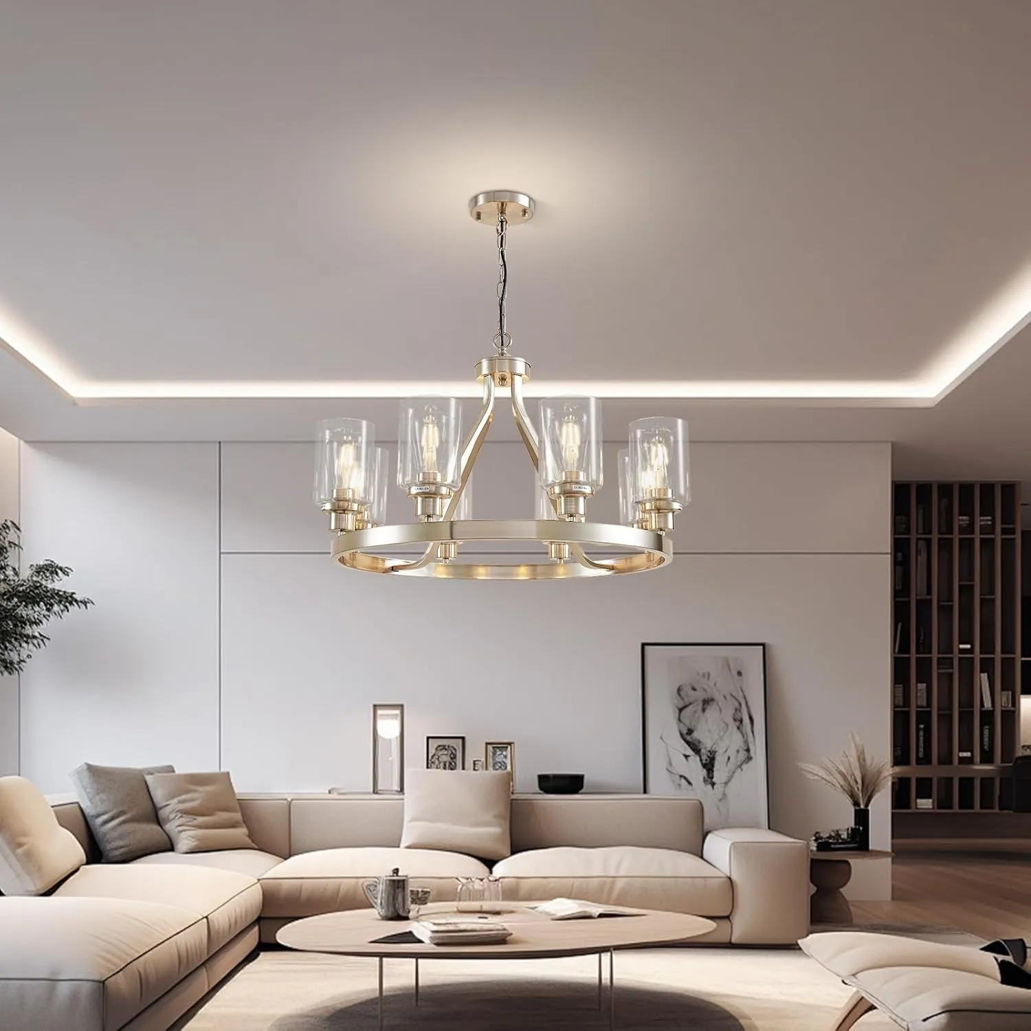8-Light Modern Chandeliers for Dining Room Light Fixture Brushed Nickel Kitchen Chandelier Ceiling Hanging Pendant Lighting with Glass Shade for Living Room Entryway Adjustable Height E26