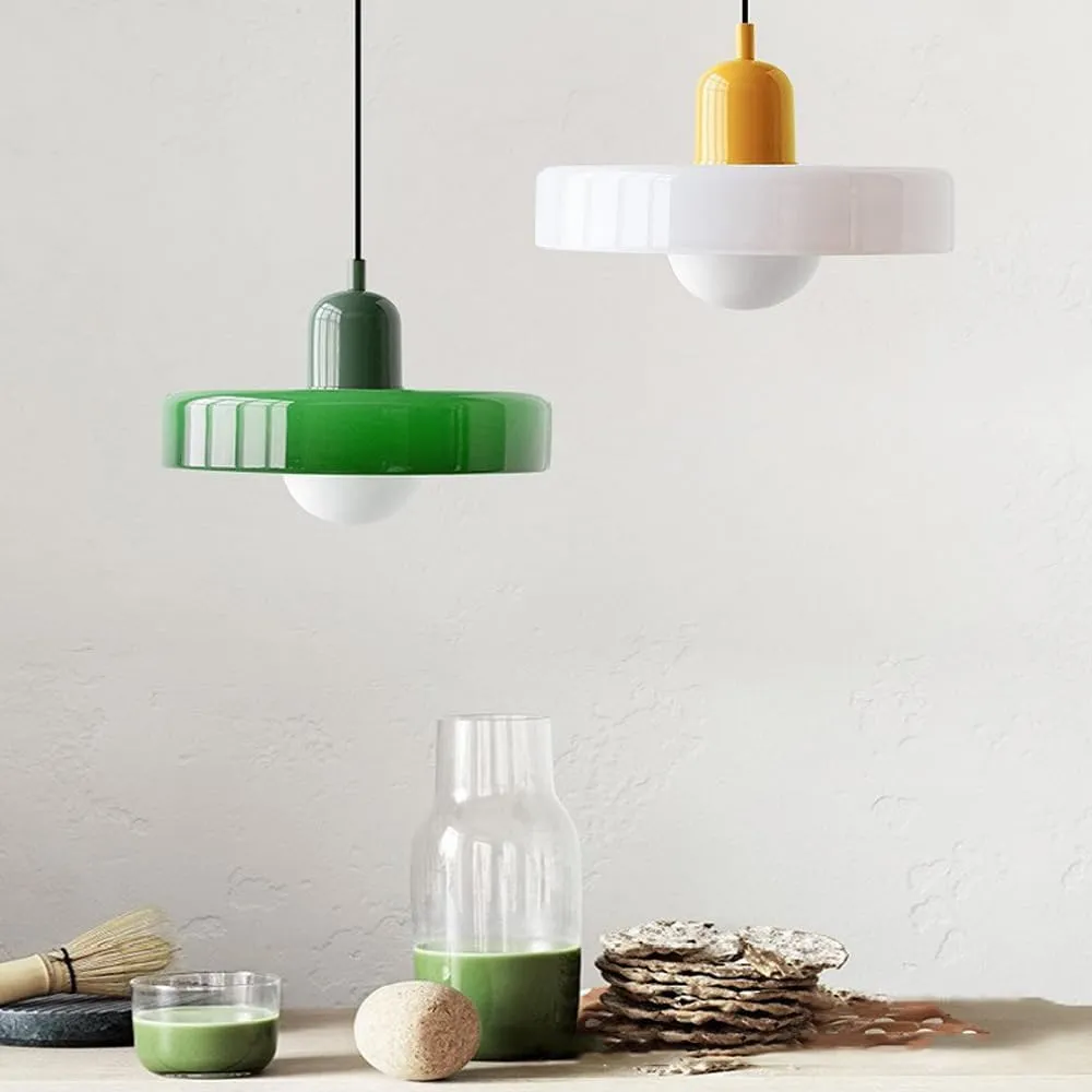 9.8" Nordic Mid Century Green Glass Pendant Hanging Light Modern Single Restaurant Lamp Vintage Farmhouse Ceiling Lamp Dining Room Chandelier for Over Table Kitchen Island Bedroom Hallway E26