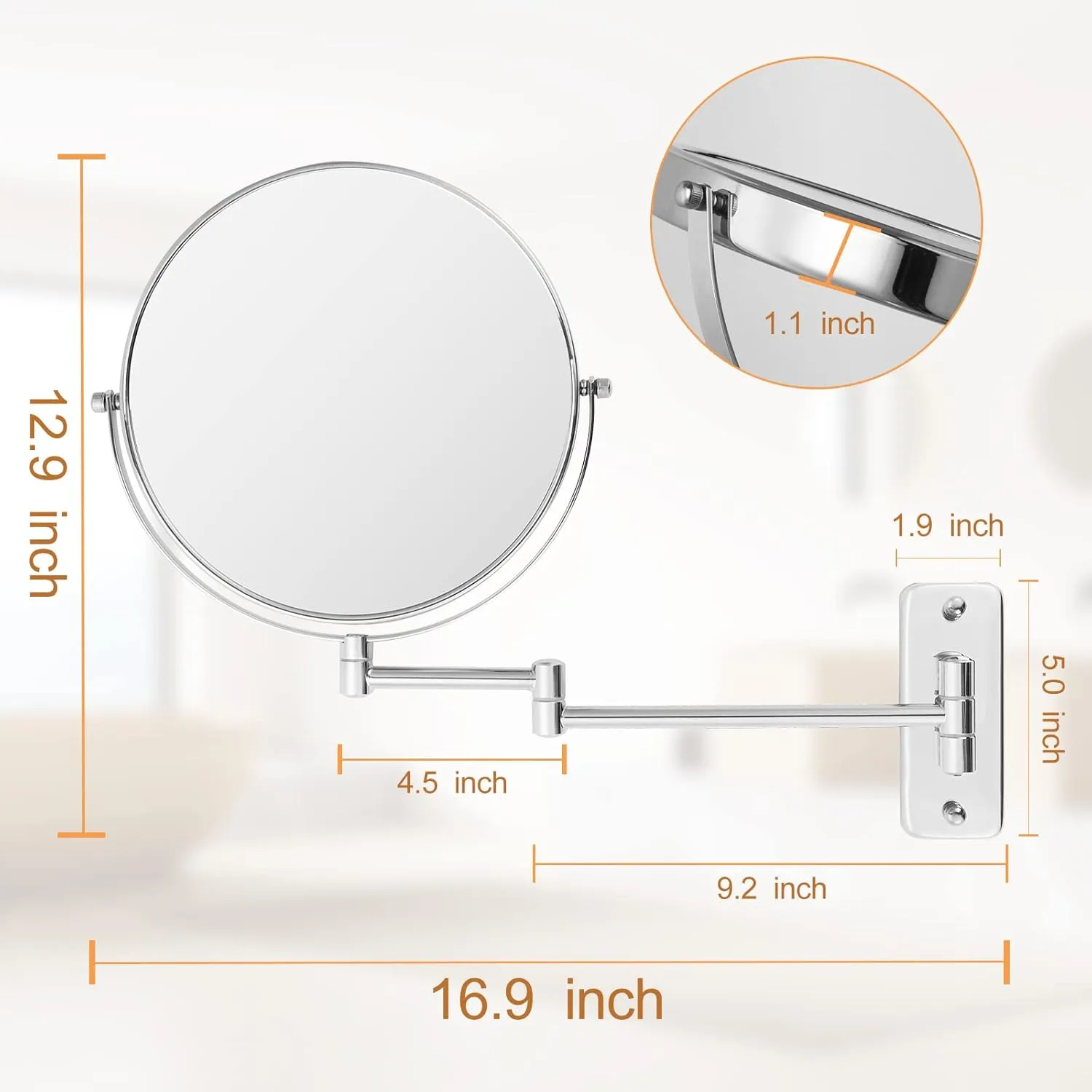 9" Magnifying Wall Mount Makeup Vanity Mirror,1x/7x Double-Side Makeup Mirror with Magnification,Swivel Extendable Shaving Face Mirror for Bathroom, Wall Mirror for Chrome