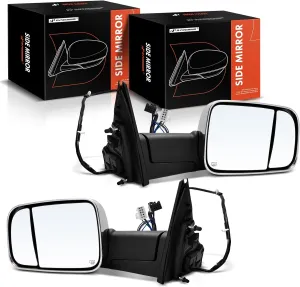 A-Premium Pair (2) Driver and Passenger Side Power Door Mirror - Compatible with Ram 1500 2019 2020 2021 - Heated Manual Folding Chrome Outside Rear View Mirror w/Turn Signal Puddle Light