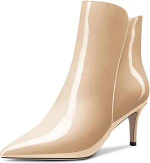 Aachcol Women Ankle Boots Short Bootie Close Pointed Toe Slip-on Stiletto Mid Heel Patent Zipper 2.5 Inch
