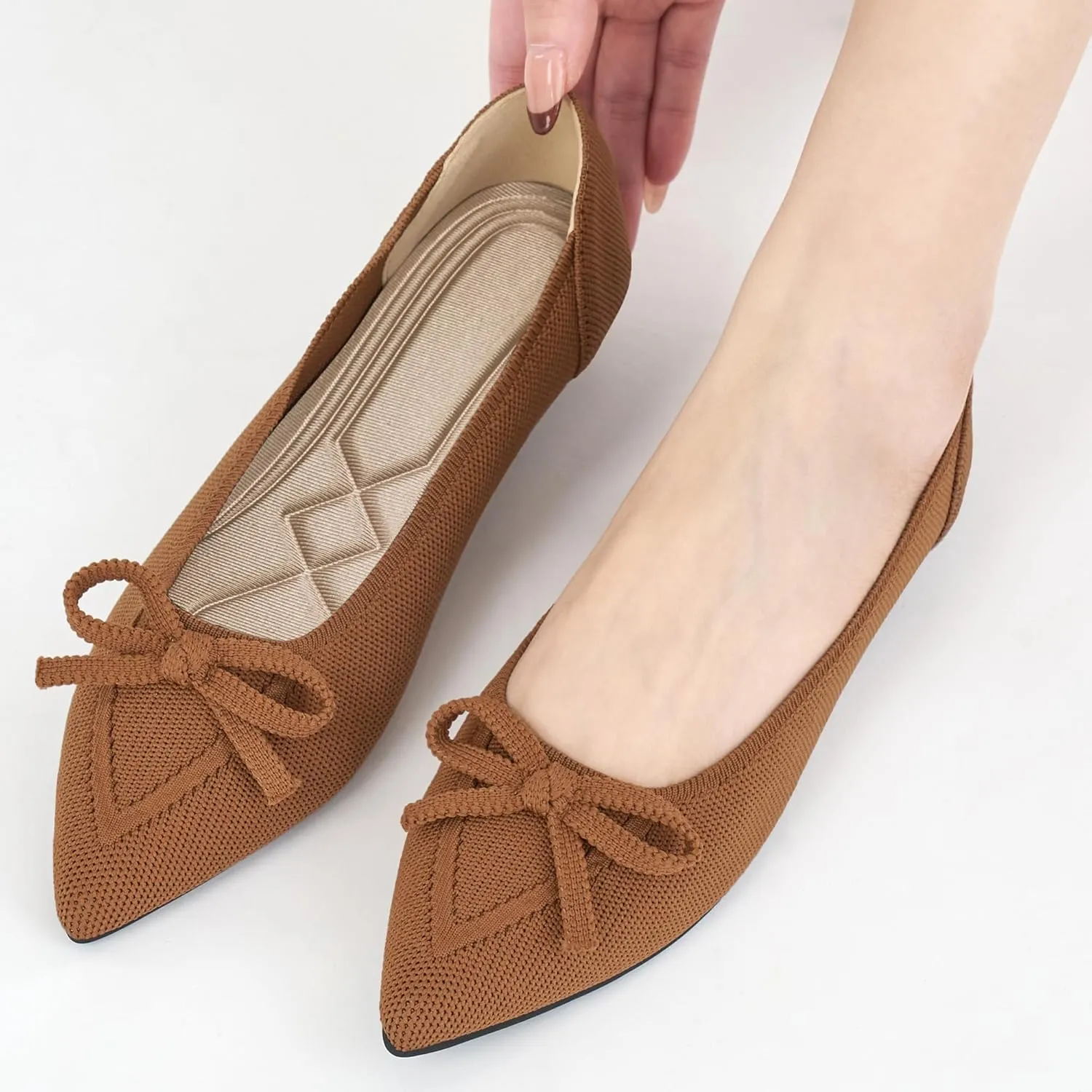Ablanczoom Ballet Flats Shoes for Women: Dressy Pointed Toe Bow Knit Flats Comfortable Slip On Work Business Shoes for Driving Dating Wedding
