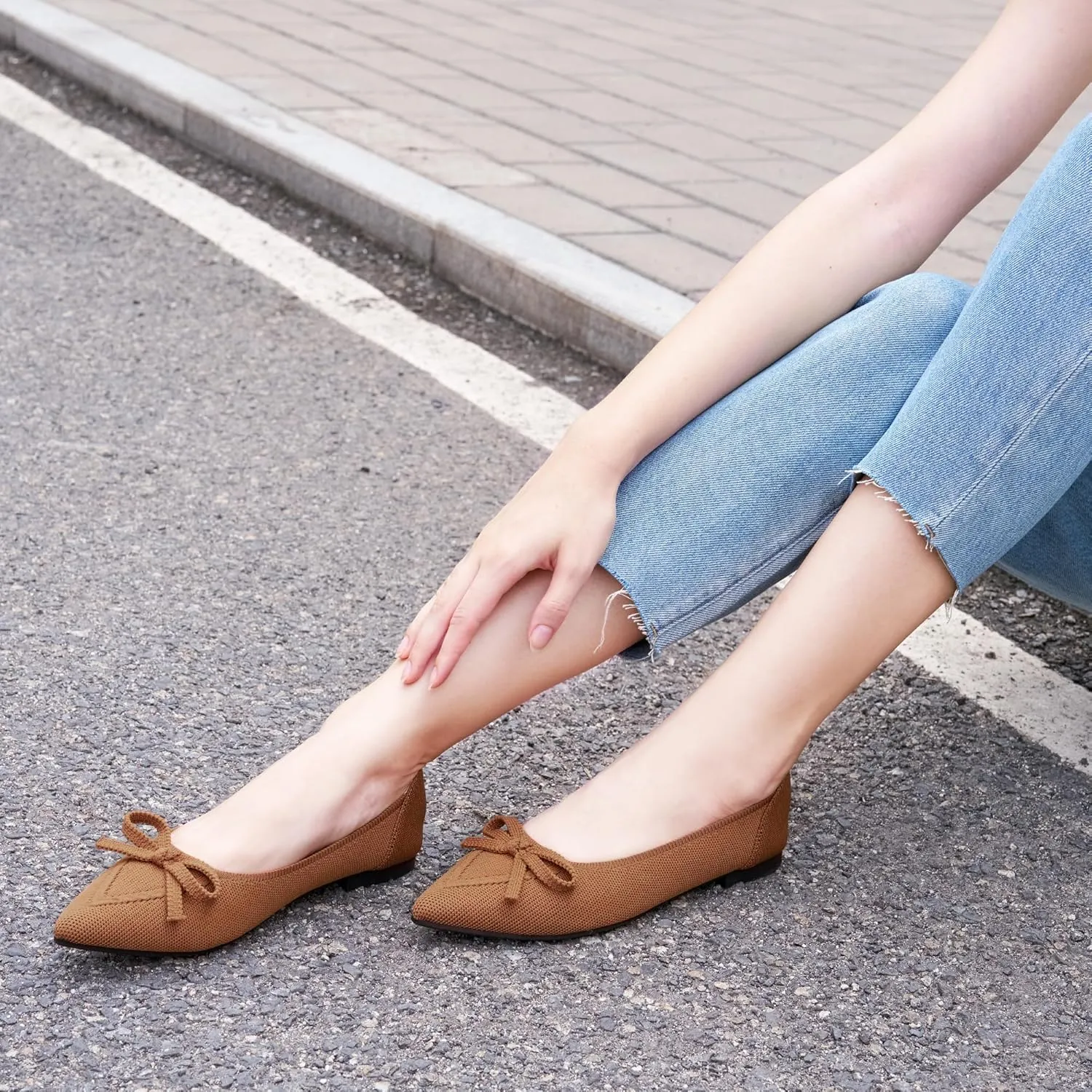 Ablanczoom Ballet Flats Shoes for Women: Dressy Pointed Toe Bow Knit Flats Comfortable Slip On Work Business Shoes for Driving Dating Wedding