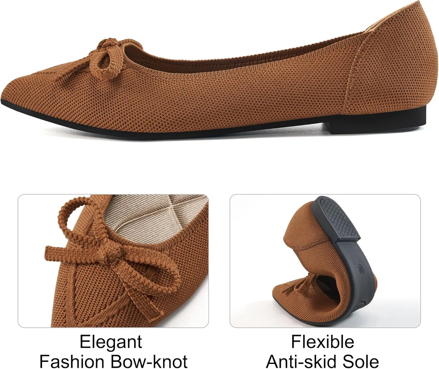 Ablanczoom Ballet Flats Shoes for Women: Dressy Pointed Toe Bow Knit Flats Comfortable Slip On Work Business Shoes for Driving Dating Wedding