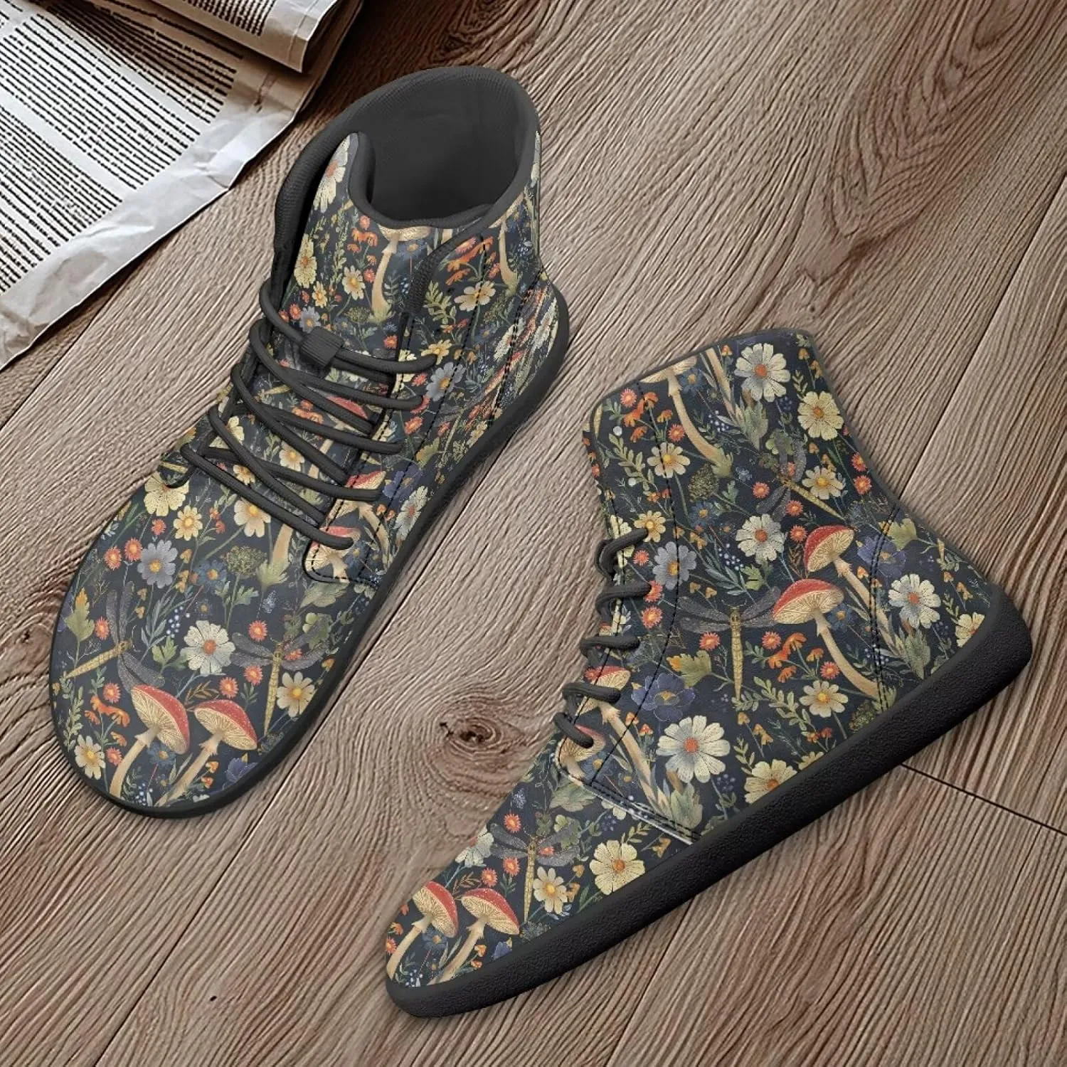Aesthetic Plant Women's High Top Sneakers Unisex Wide Toe Barefoot Sneakers PU Leathe Waterproof Lace Up Shoes