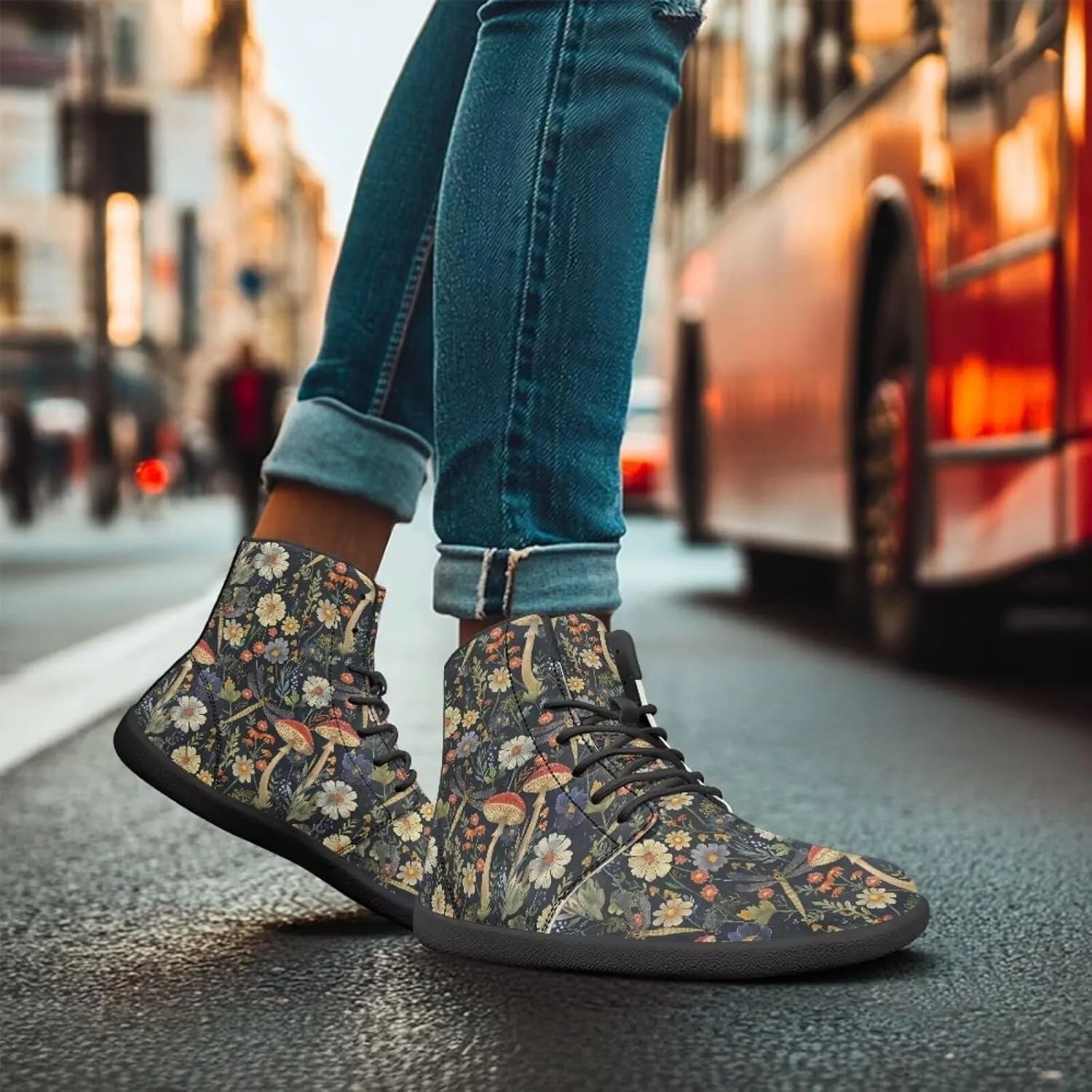 Aesthetic Plant Women's High Top Sneakers Unisex Wide Toe Barefoot Sneakers PU Leathe Waterproof Lace Up Shoes