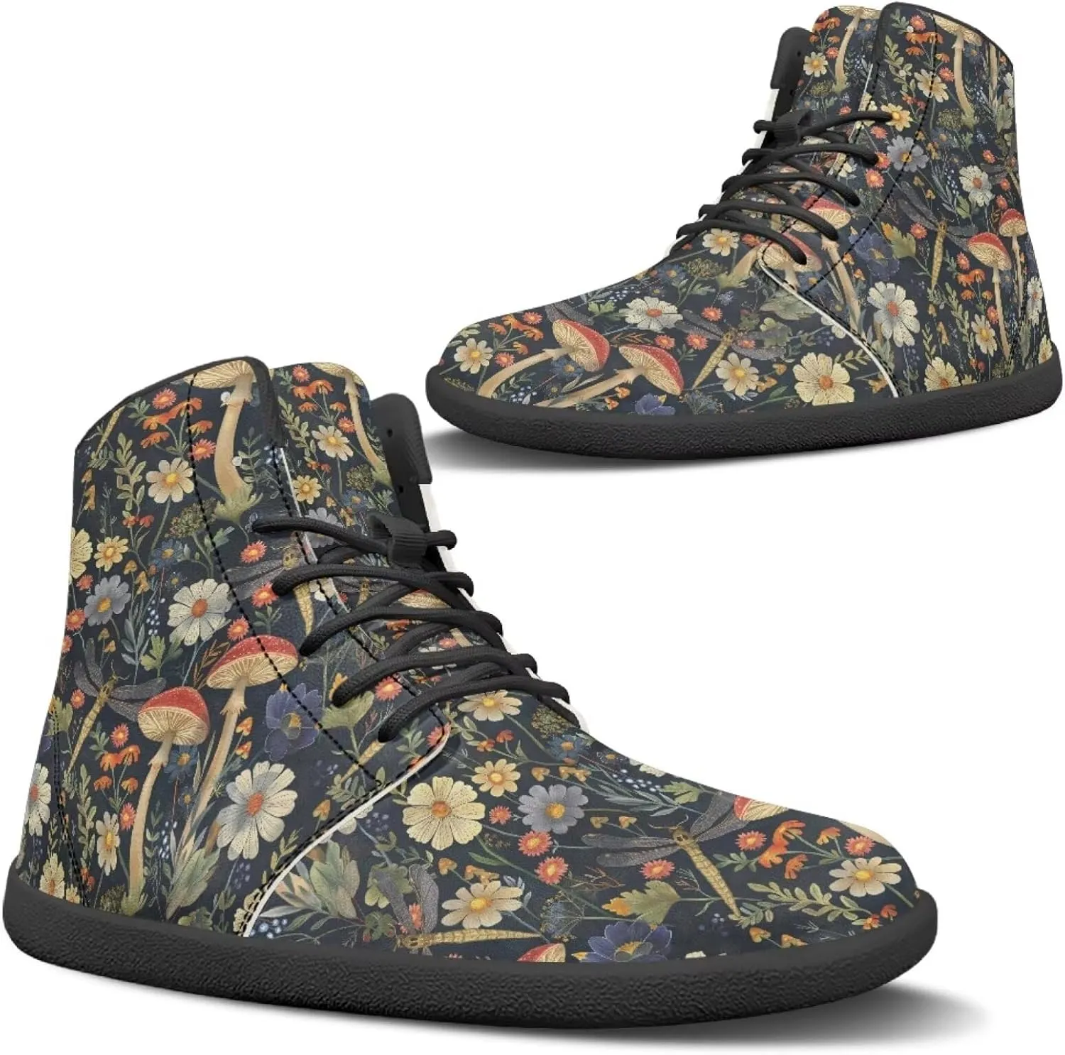 Aesthetic Plant Women's High Top Sneakers Unisex Wide Toe Barefoot Sneakers PU Leathe Waterproof Lace Up Shoes