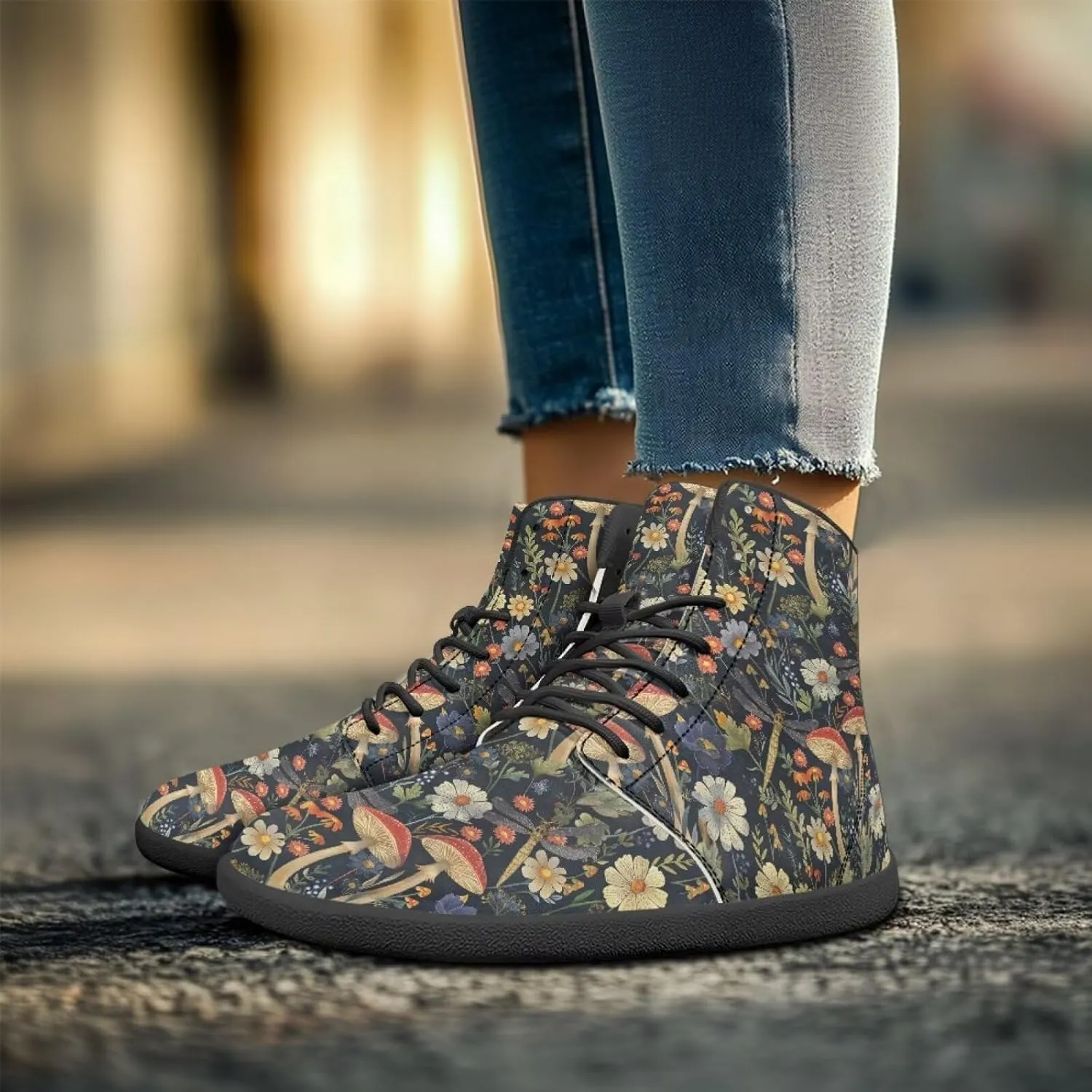 Aesthetic Plant Women's High Top Sneakers Unisex Wide Toe Barefoot Sneakers PU Leathe Waterproof Lace Up Shoes