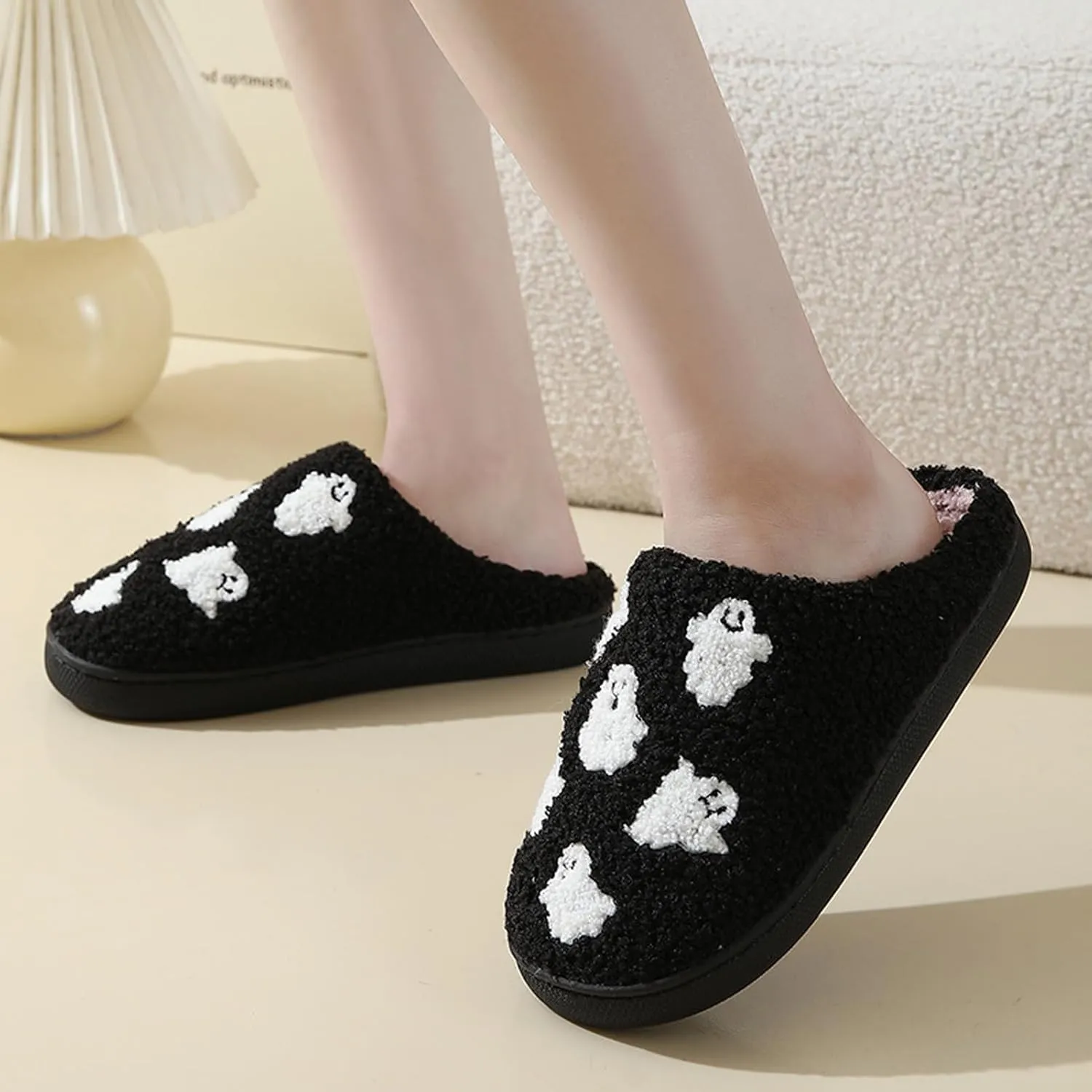 Afellicy Halloween Christmas Slippers Checkered Scuff for Women and Men Holiday Indoor Bedroom Fluffy Warm Fleece Slippers Winter Soft Cozy Home Non-Slip Soft Plush Slip-on Wool Lined House Shoes