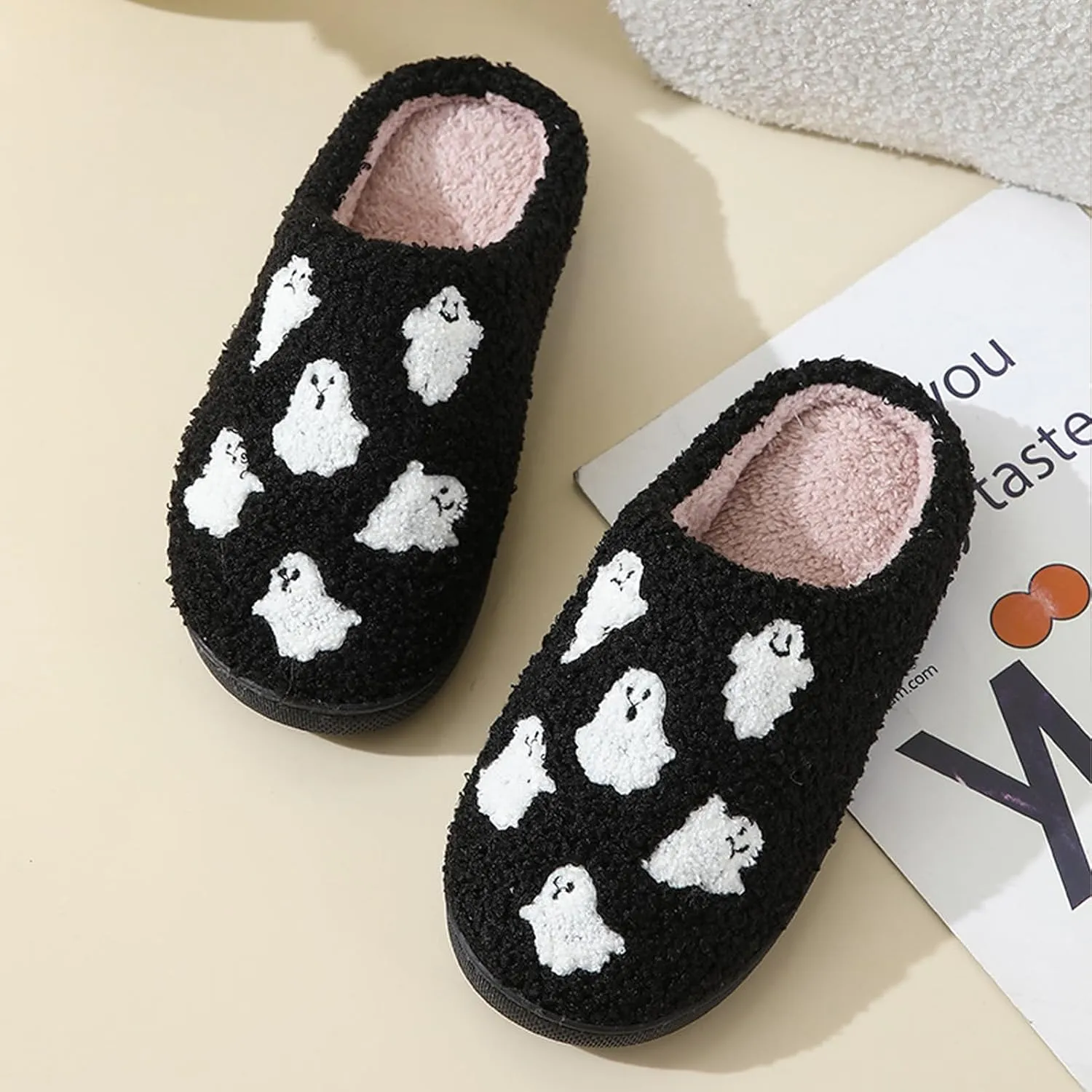 Afellicy Halloween Christmas Slippers Checkered Scuff for Women and Men Holiday Indoor Bedroom Fluffy Warm Fleece Slippers Winter Soft Cozy Home Non-Slip Soft Plush Slip-on Wool Lined House Shoes