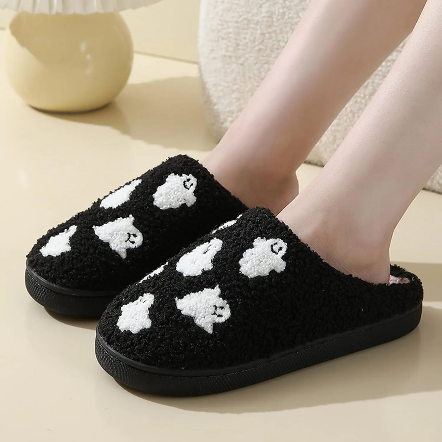 Afellicy Halloween Christmas Slippers Checkered Scuff for Women and Men Holiday Indoor Bedroom Fluffy Warm Fleece Slippers Winter Soft Cozy Home Non-Slip Soft Plush Slip-on Wool Lined House Shoes