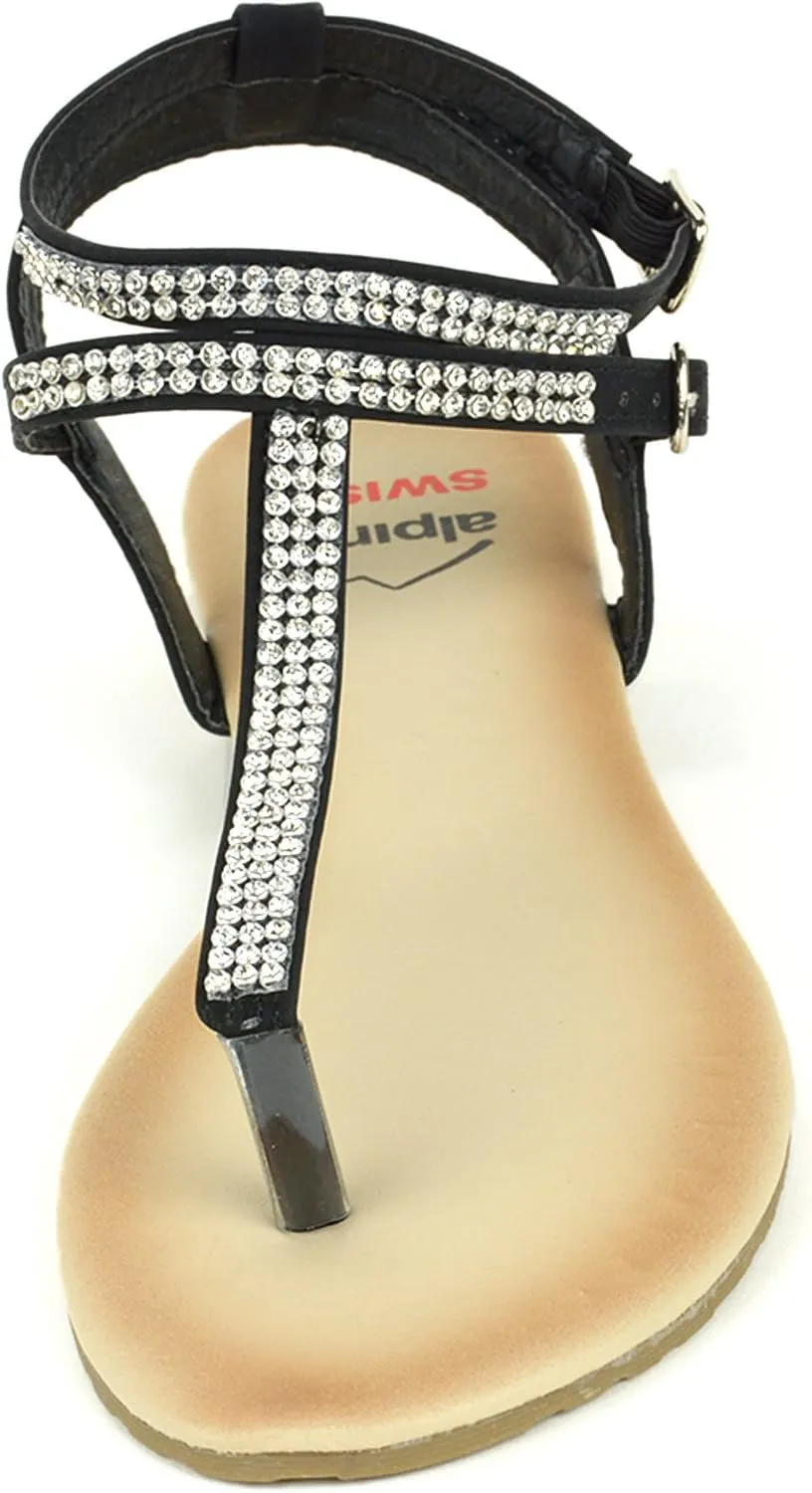Alpine Swiss Womens Slingback T-Strap Rhinestone Ankle Strap Thong Sandals