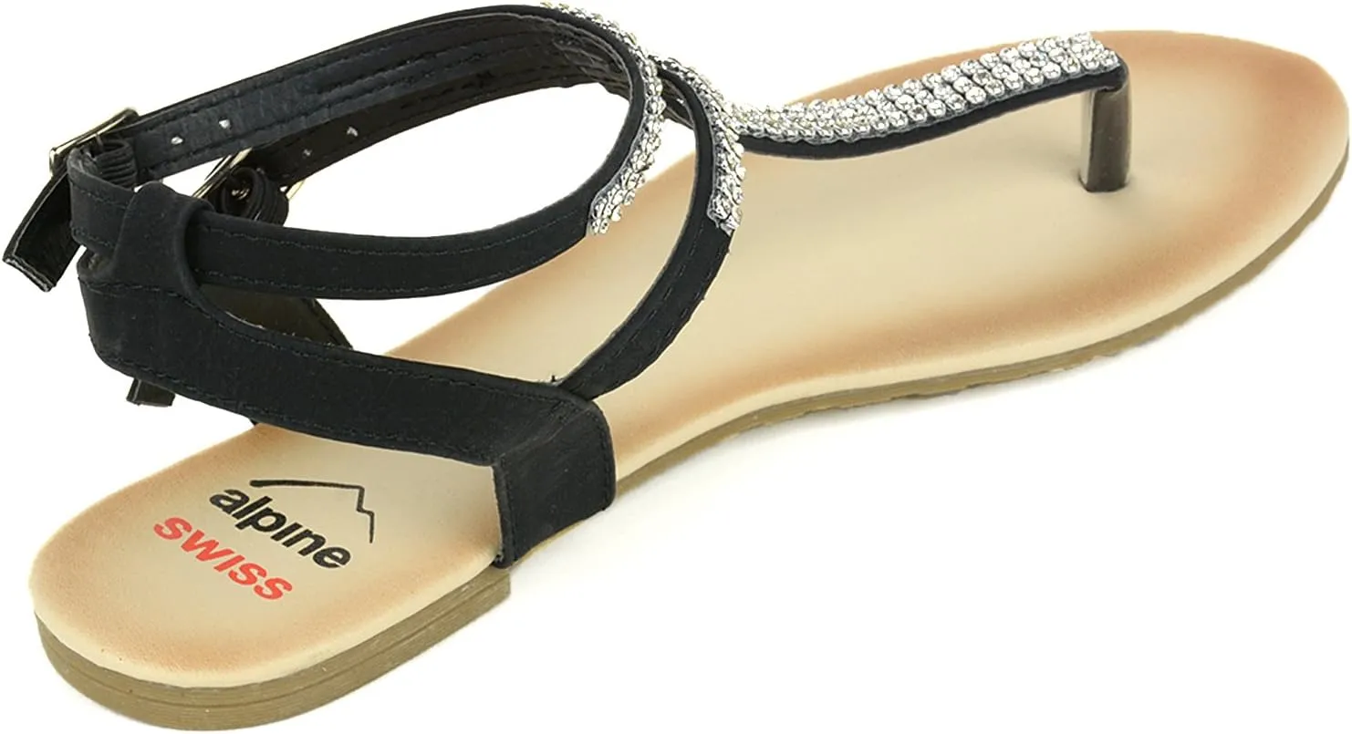 Alpine Swiss Womens Slingback T-Strap Rhinestone Ankle Strap Thong Sandals