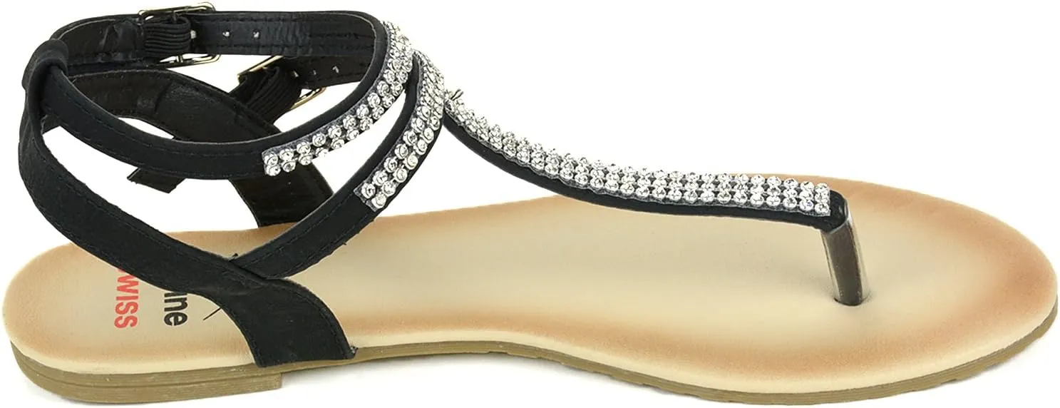 Alpine Swiss Womens Slingback T-Strap Rhinestone Ankle Strap Thong Sandals
