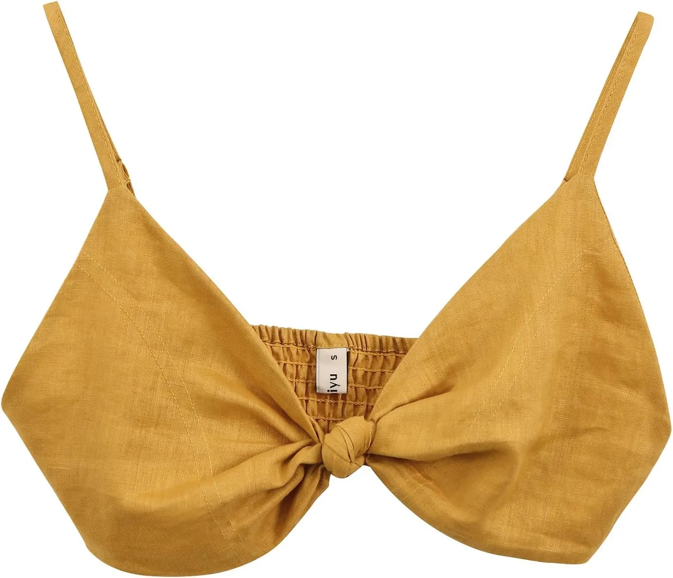Amazhiyu Womens Pure Linen Front Knot V Neck Bikini Tops Casual Crop Cami