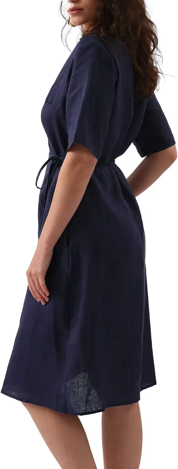 Amazhiyu Womens Pure Linen Summer Short Sleeve Wrap Midi Dresses with Pockets