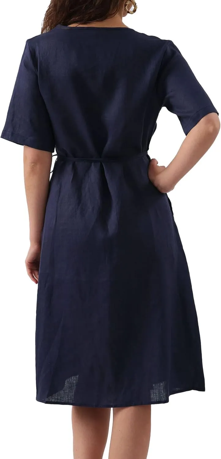 Amazhiyu Womens Pure Linen Summer Short Sleeve Wrap Midi Dresses with Pockets