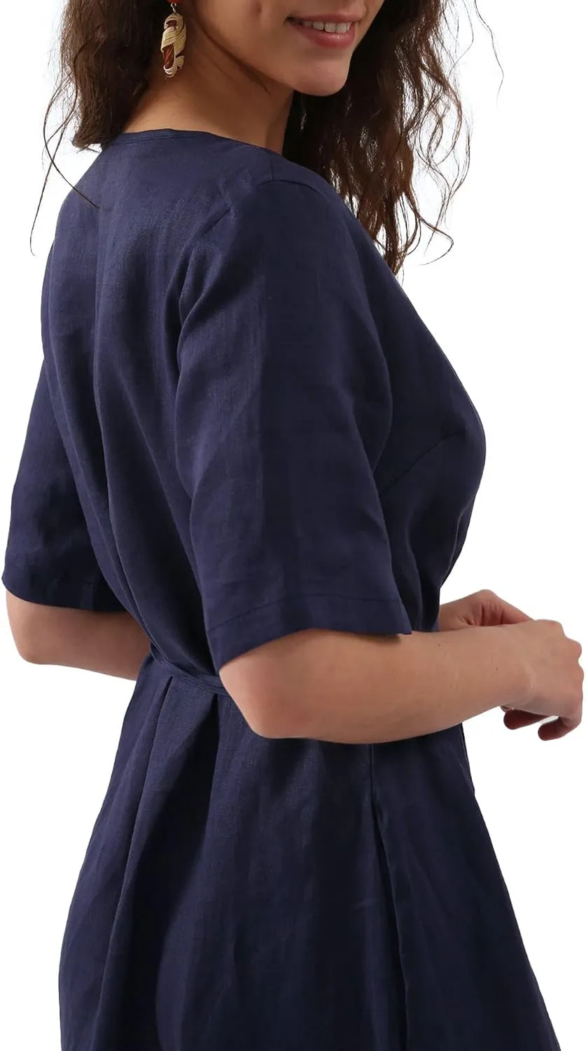 Amazhiyu Womens Pure Linen Summer Short Sleeve Wrap Midi Dresses with Pockets