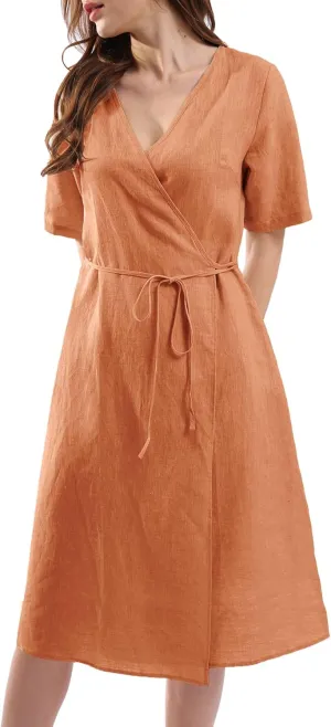 Amazhiyu Womens Pure Linen Summer Short Sleeve Wrap Midi Dresses with Pockets