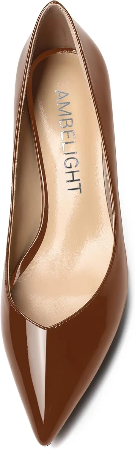 AMBELIGHT Womens Casual Slip On Pointed Toe Dress Shoes Patent Kitten Low Heel Pumps Shoes 2 Inch
