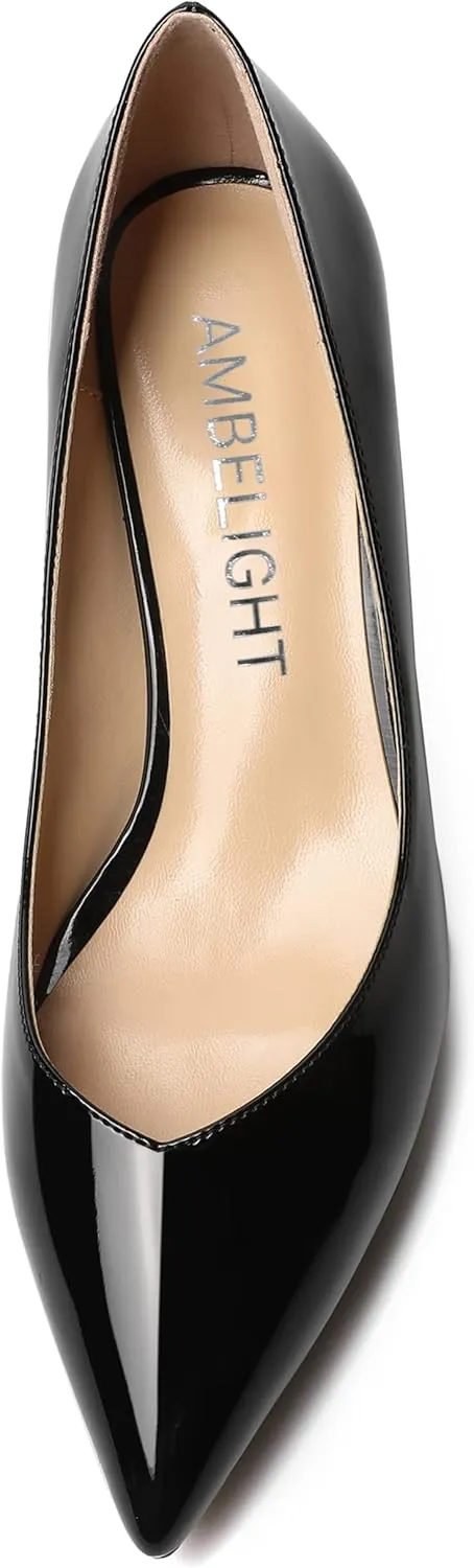 AMBELIGHT Womens Casual Slip On Pointed Toe Dress Shoes Patent Kitten Low Heel Pumps Shoes 2 Inch