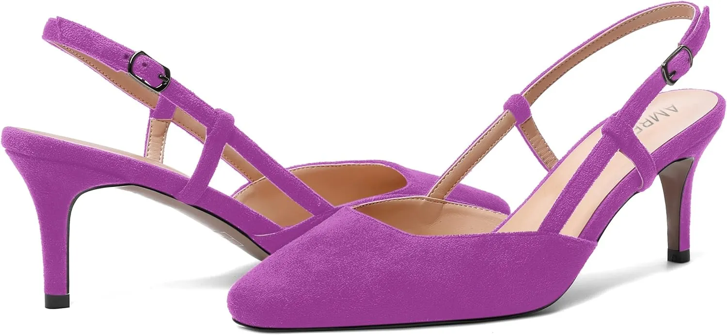 AMBELIGHT Womens Cute Office Square Toe Slingback Slip On Suede Kitten High Heel Pumps Shoes 2.5 Inch