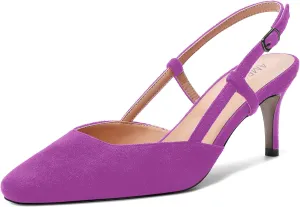 AMBELIGHT Womens Cute Office Square Toe Slingback Slip On Suede Kitten High Heel Pumps Shoes 2.5 Inch
