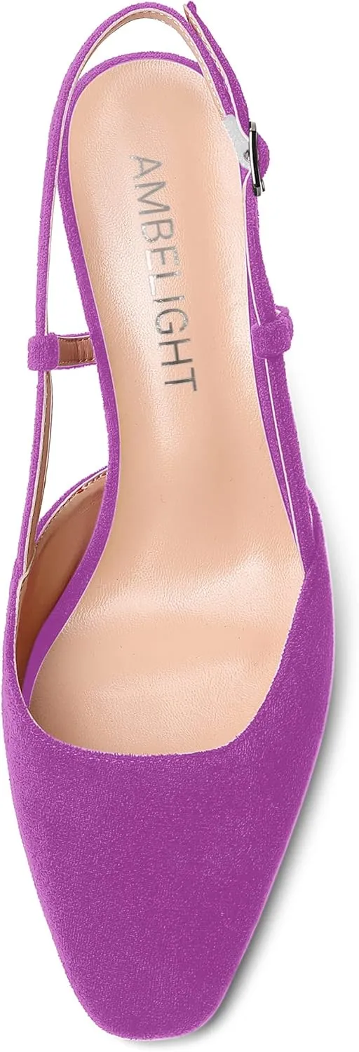 AMBELIGHT Womens Cute Office Square Toe Slingback Slip On Suede Kitten High Heel Pumps Shoes 2.5 Inch
