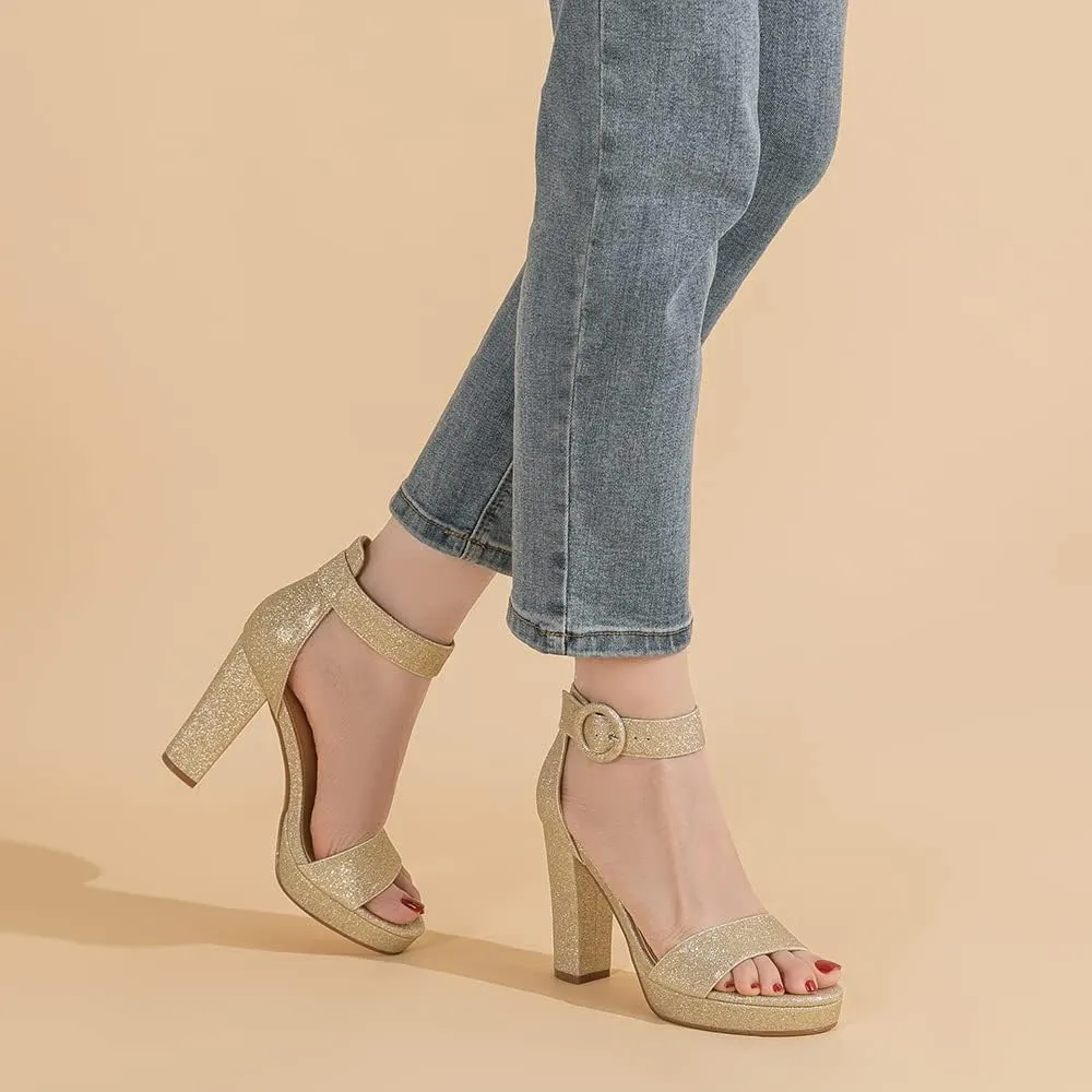 Amoji Women's Chunky Platform Heels 4'' Bowknot Heeled Sandal Wedding With Ankle Strap 302F4