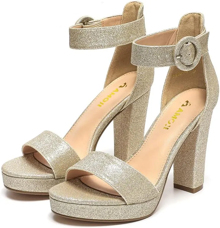 Amoji Women's Chunky Platform Heels 4'' Bowknot Heeled Sandal Wedding With Ankle Strap 302F4