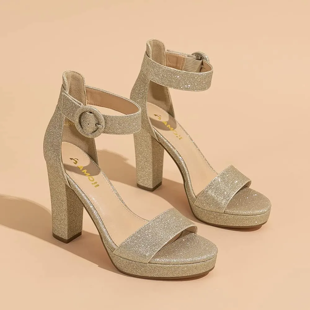 Amoji Women's Chunky Platform Heels 4'' Bowknot Heeled Sandal Wedding With Ankle Strap 302F4