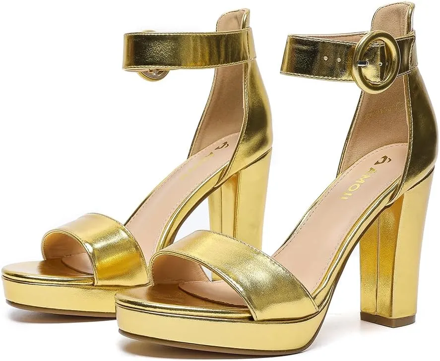 Amoji Women's Chunky Platform Heels 4'' Bowknot Heeled Sandal Wedding With Ankle Strap 302F4