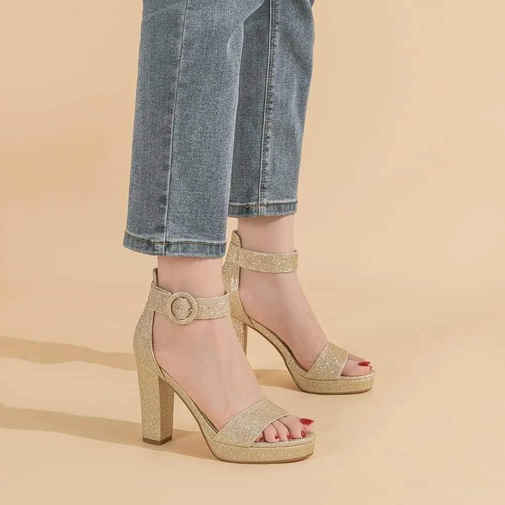 Amoji Women's Chunky Platform Heels 4'' Bowknot Heeled Sandal Wedding With Ankle Strap 302F4