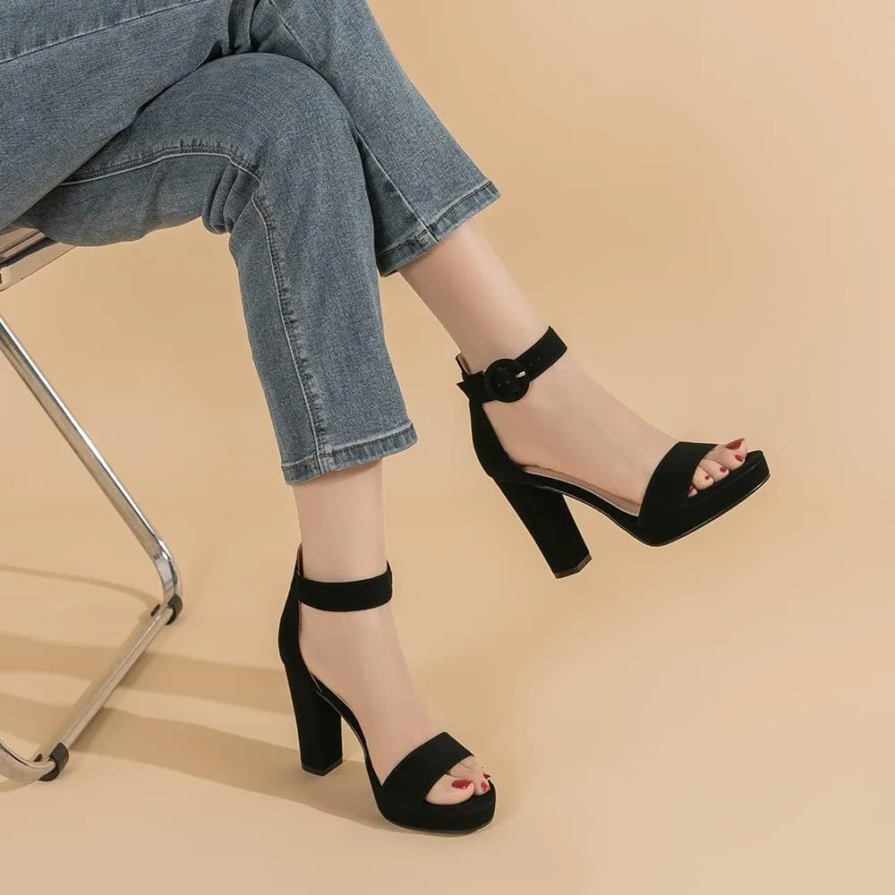 Amoji Women's Chunky Platform Heels 4'' Bowknot Heeled Sandal Wedding With Ankle Strap 302F4