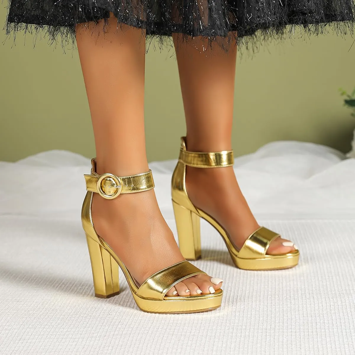 Amoji Women's Chunky Platform Heels 4'' Bowknot Heeled Sandal Wedding With Ankle Strap 302F4