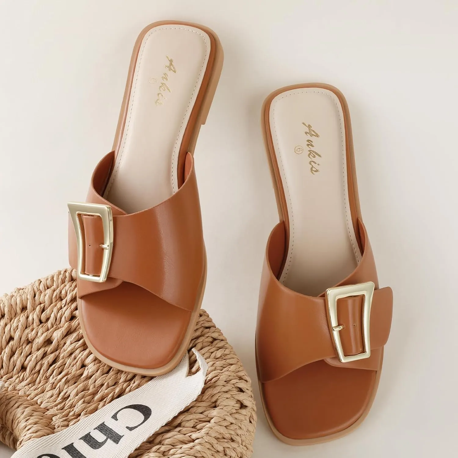 Ankis Black White Brown Women's Flat Sandals Comfortable Flat Sandals for Dressy Summer Women's Slide Sandals