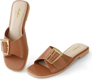 Ankis Black White Brown Women's Flat Sandals Comfortable Flat Sandals for Dressy Summer Women's Slide Sandals