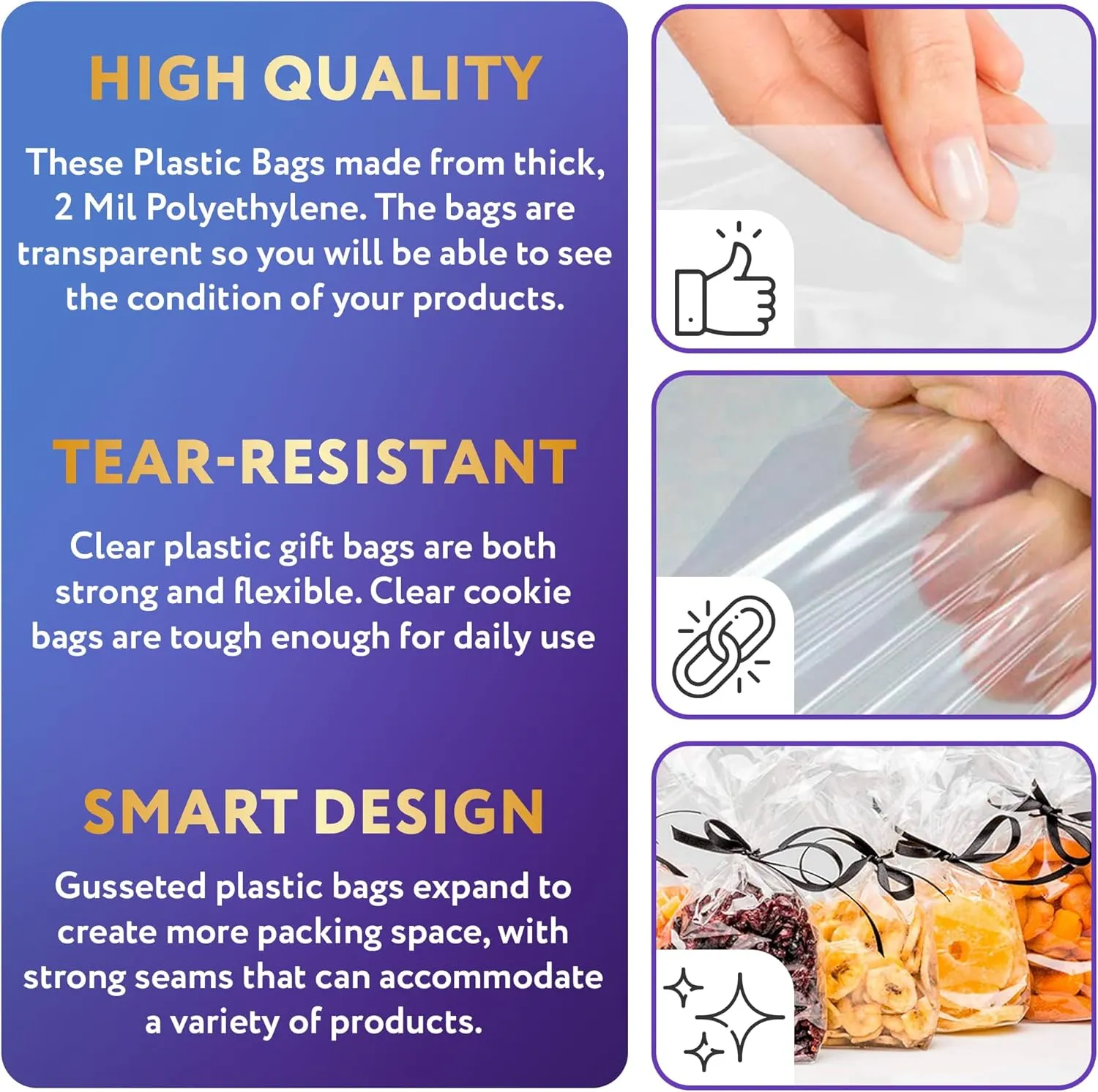 APQ Clear Gusseted Poly Bags, 4 x 2 x 10 Inches. Pack of 100 Waterproof Flat Bottom Gusseted Plastic Bags with Open Top. 2 Mil Thick Party Clear Plastic Bags for Packaging Popcorn, Cookies, Bread